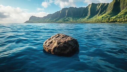A solitary, dark gray boulder floats in a calm, turquoise ocean, framed by lush green mountains. Sunlight bathes the scene