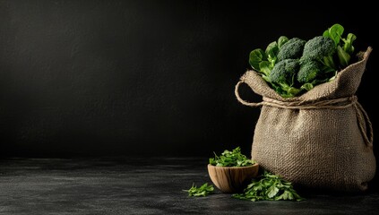 Fresh broccoli and greens in burlap sack