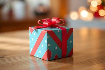 Adorable and charming 3D-rendered cube-shaped gift box with a ribbon, perfect for festive scenes, holiday packaging concepts, and cheerful decorative digital illustrations