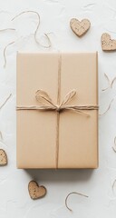 A beige gift box tied with twine sits atop a textured white surface.  Small, light brown heart-shaped decorations are scattered around