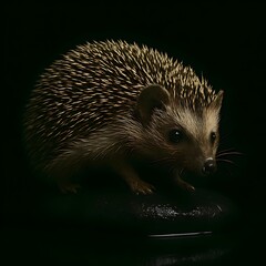 Obraz premium African Pygmy Hedgehog Curved Pose on Glossy Wet Black Stone