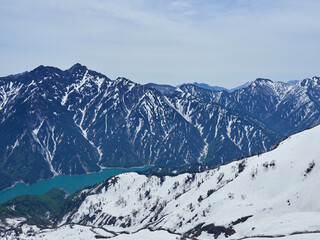 春の観光名所立山黒部アルペンルートの立山連峰の雪景色と黒部ダムの風景