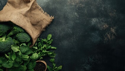 Fresh green vegetables on dark textured surface