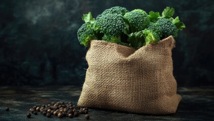 Fresh broccoli in a burlap sack, dark backdrop