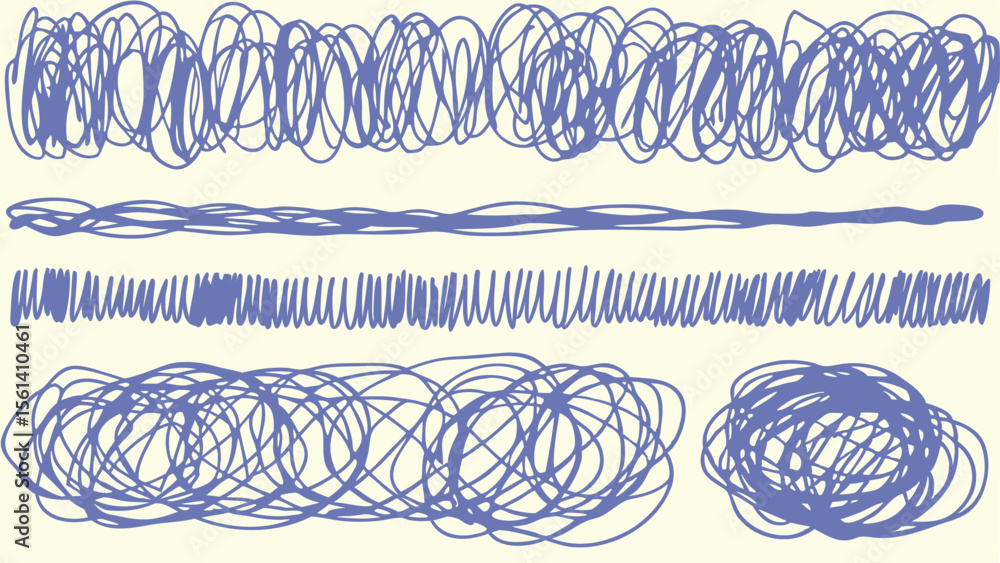 Poster various blue scribbled lines and shapes arranged horizontally on a cream colored background art desi