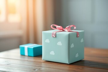 Adorable and charming 3D-rendered cube-shaped gift box with a ribbon, perfect for festive scenes, holiday packaging concepts, and cheerful decorative digital illustrations