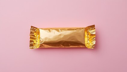 Gold foil wrapped snack bar on a pink background