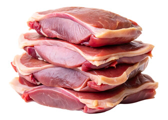  cuts of raw duck meat stacked isolated on white background, PNG