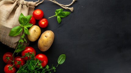 Fresh tomatoes, potato, and leafy greens in a jute bag, evoking a natural and sustainable lifestyle