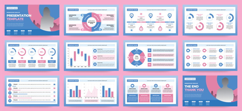 Modern Pink and Blue Startup Pitch Deck and Campaign Deck Presentation Template with Infographics. Creative educational presentation template with infographic slides and minimal pastel design.