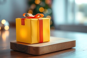 Adorable and charming 3D-rendered cube-shaped gift box with a ribbon, perfect for festive scenes, holiday packaging concepts, and cheerful decorative digital illustrations