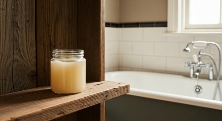 Fototapeta premium Jar of Petroleum Jelly on a Rustic Wooden Shelf in a Vintage-styled Bathroom