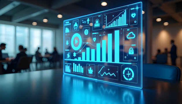 Futuristic Data Visualization Interface in a Modern Office Setting