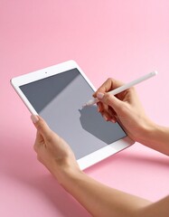 Close-up of female designer hands sketching on tablet against pastel pink background