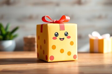 Adorable and charming 3D-rendered cube-shaped gift box with a ribbon, perfect for festive scenes, holiday packaging concepts, and cheerful decorative digital illustrations
