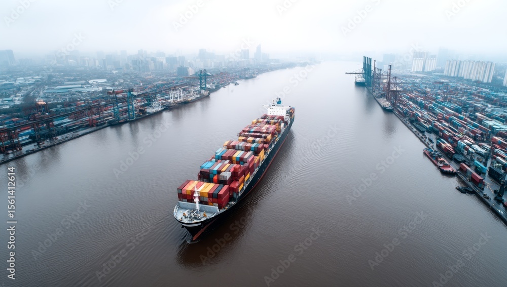 Poster the image shows a seaport at dawn or dusk, with stacked cargo containers and large ships docked, emp