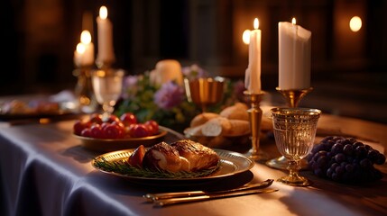 Festive dinner table setting with candles and seasonal dishes.