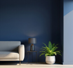 Modern minimalist interior with a dark blue wall, a neutral-toned sofa, a black table lamp, and a green potted plant.