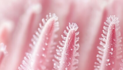 Close-up view of delicate, pink, textured structures.  Fine, fuzzy filaments extend outward.  Soft focus, pastel color palette