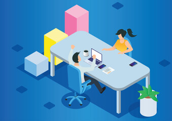 Project management and financial report strategy. Consulting team. Collaboration concept with collaborative people. Isometric business analysis planning. Flat isometric characters vector illustration.