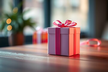 Adorable and charming 3D-rendered cube-shaped gift box with a ribbon, perfect for festive scenes, holiday packaging concepts, and cheerful decorative digital illustrations