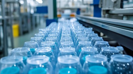 Obraz premium Close-up view of plastic water bottles on an assembly line.