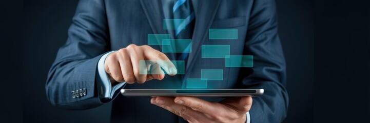 Businessman interacting with a digital project management interface.