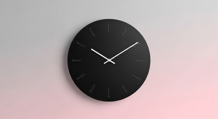 A minimalist black clock on a wall with white hands and hour markers