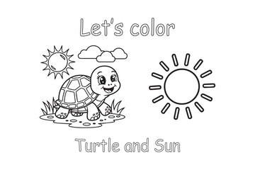 Happy Turtle and Sun Coloring Page Vector Illustration