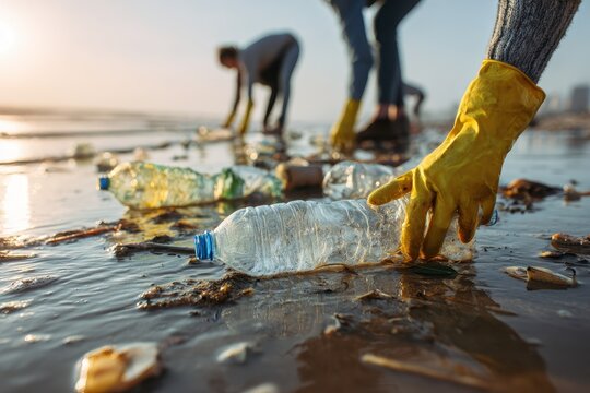 People picking up plastic bottles on a beach (1)