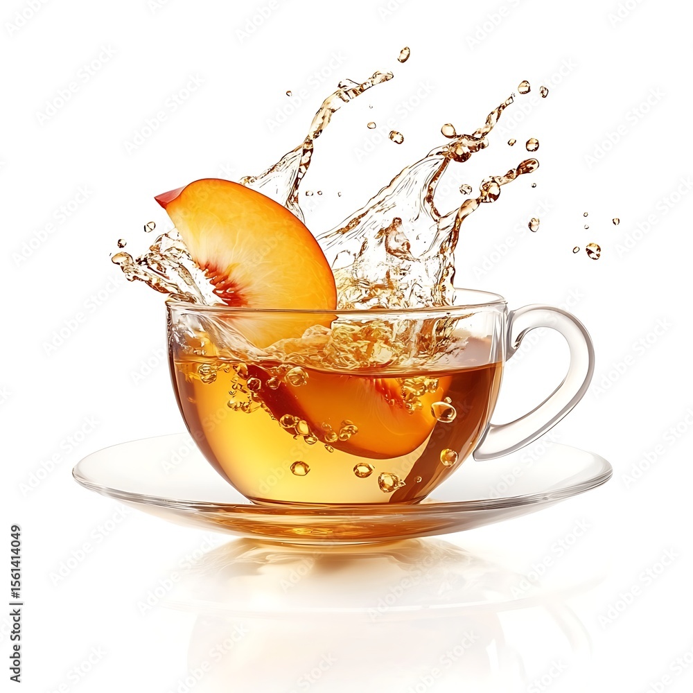 Poster peach tea splash: a captivating high-speed capture features a vibrant peach slice colliding with a c