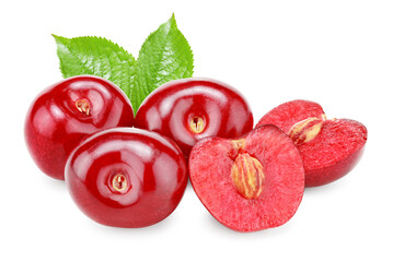 red cherry fruits with green leaf isolated on white background. clipping path