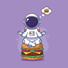 Cartoon astronaut  Meditating on a Giant Burger hamburger. Vector illustration in cartoon style.