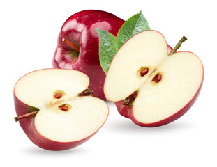 half of red apple with green leaf isolated on white background. clipping path