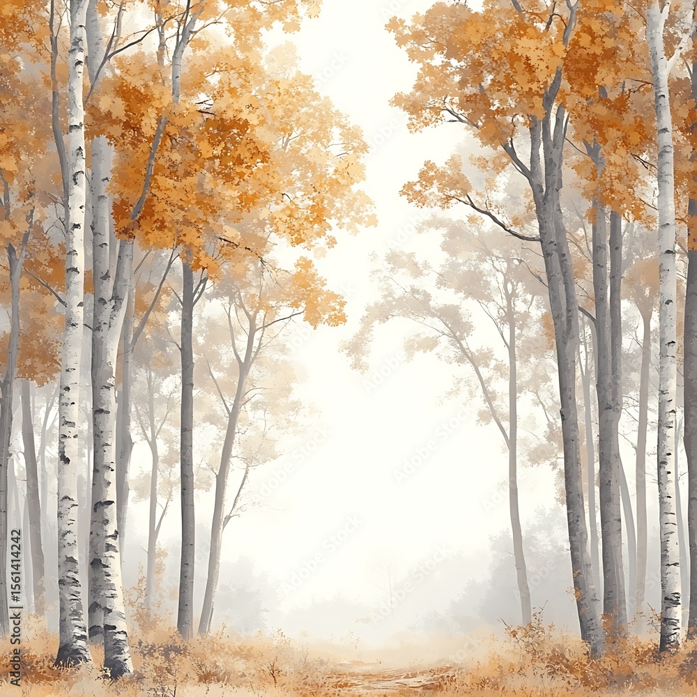 Poster autumn's embrace: golden-hued foliage blankets a mystical forest, painting a scene of serenity. the 
