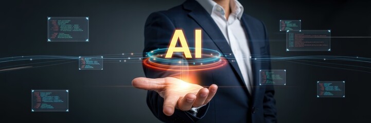 A person holds a holographic representation of artificial intelligence.