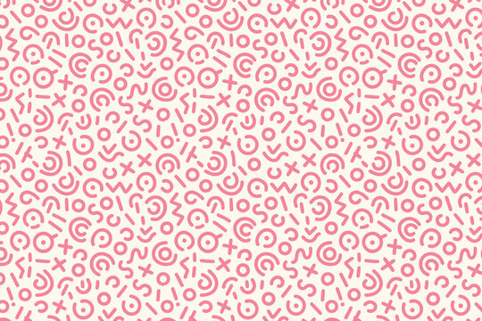 Retro 80s seamless pattern with abstract shapes. Memphis style doodle background with geometric lines and squiggles. Vector wallpaper.