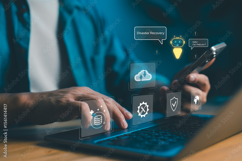 Poster Disaster recovery technology concept with cloud computing, data protection icons, and AI chatbot interface. Ideal for IT solutions, cybersecurity and digital business strategy.