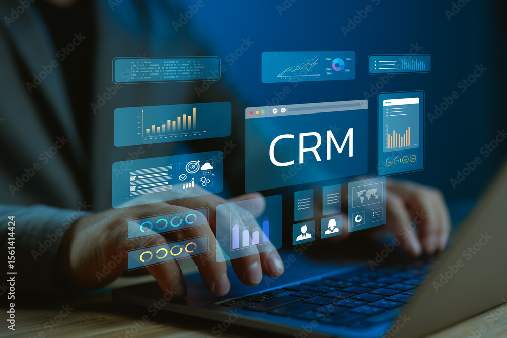 Poster crm system and customer relationship management concept with business analytics dashboard and data v