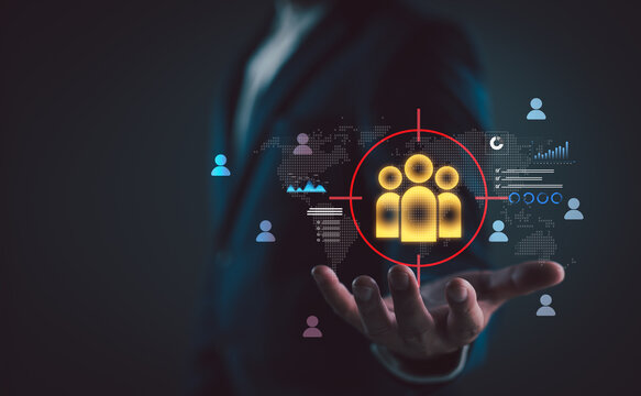 Target audience and CRM segmentation concept with glowing group icon in digital crosshair. Ideal for customer targeting, data-driven marketing and personalized strategy planning.