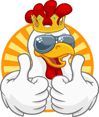 A chicken rooster cockerel bird cartoon character in a kings gold crown and cool shades or sunglasses giving a double thumbs up