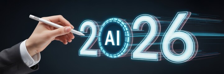 Futuristic depiction of the year 2026 and artificial intelligence.