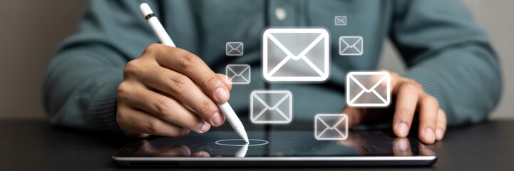 Person using a stylus to interact with email icons on a tablet.