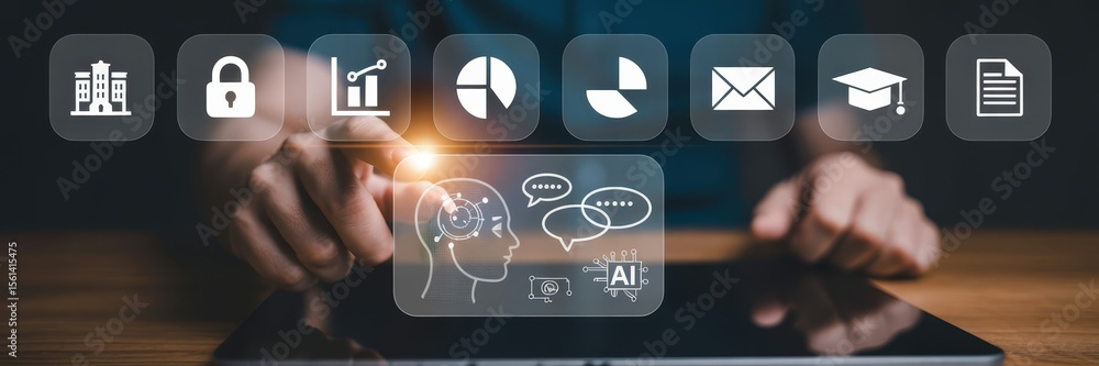 Poster hands interacting with a digital interface displaying icons and an ai concept.