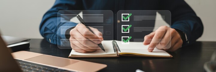 Person writing in a notebook with checklist overlay.