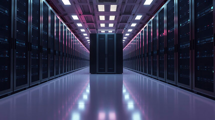 Modern data center with illuminated server racks in a secure server room with blue LED lighting
