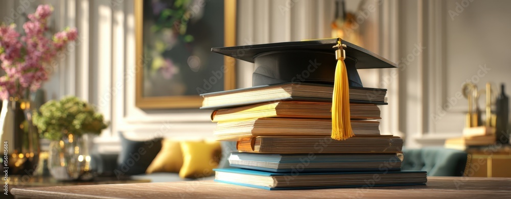 Poster the graduation cap resting atop a stack of colorful books in an elegant setting.