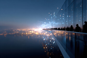Vertical city towers connected by skybridges with people walking, showcasing a utopian urban concept with cinematic lighting and ultra-detailed futuristic architecture