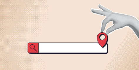 Travel collage with halftone hand with pixel art elements. Human arms palm holding location map pin and search bar. Vector tourism bitmap scrapbook and 8bit mixed media banner illustration.