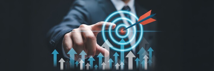 Businessperson points to a target with arrows rising around it.